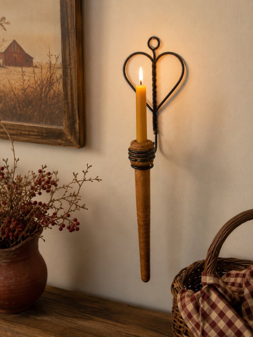 Handmade Primitive Heart Wall Sconce Wooden Taper Candle Holder Rustic 12"